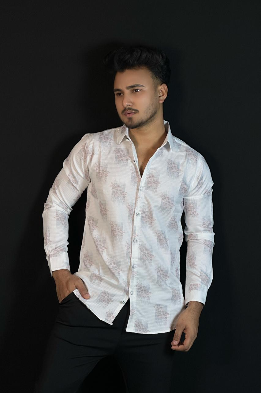 অ্যাশ হোয়াইট প্রিন্টেড শার্ট-Flower